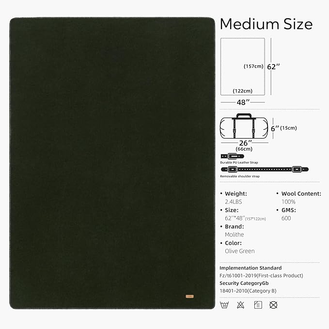100% Wool Blanket, 48" x 62", Warm, Thick, Washable, Military Wool Blanket, Great for Camping, Outdoors, Sporting Events, Survival Kits，Olive Green