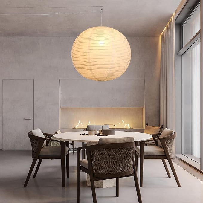 23.6in Paper Lanterns Plug in Hanging Lamp White, 19.7FT Cord | Rice Paper Lamp Lantern Pendant Light Large Globe Japanese Japandi Wabi Sabi Chandelier for Dining Living Room Bedroom 1 Pack