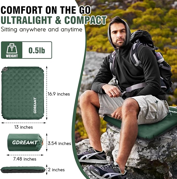 Inflatable Seat Cushion, Self-Inflating Memory Foam Stadium Seats Cushion Lightweight & Compact Chair Sitting Pad Airplane Cushion for Long Flight Travel Outdoor Camping Car Bleachers Office