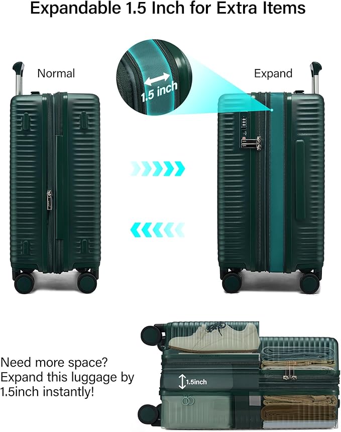 MILADA Expandable Carry On Luggage 20 Inch - Airline Approved Hardshell Suitcase with 8 Spinner Wheels, TSA Lock, Water-Resistant PC Shell, Lightweight & Durable for Travel, Blackish Green