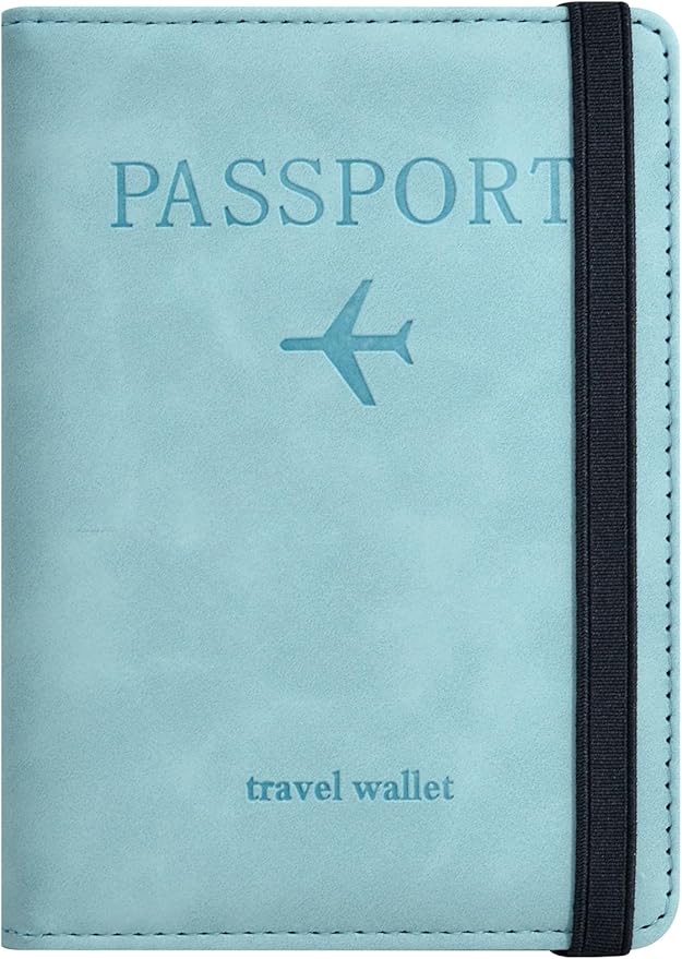 Passport Holder, Passport Cover with Credit Card Slot and Boarding Pass Slot Combo, Passport Wallet Case Book Travel Must Have, RFID Blocking Leather Travel Accessories, Sky Blue