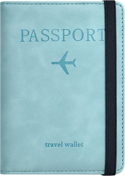 Passport Holder, Passport Cover with Credit Card Slot and Boarding Pass Slot Combo, Passport Wallet Case Book Travel Must Have, RFID Blocking Leather Travel Accessories, Sky Blue