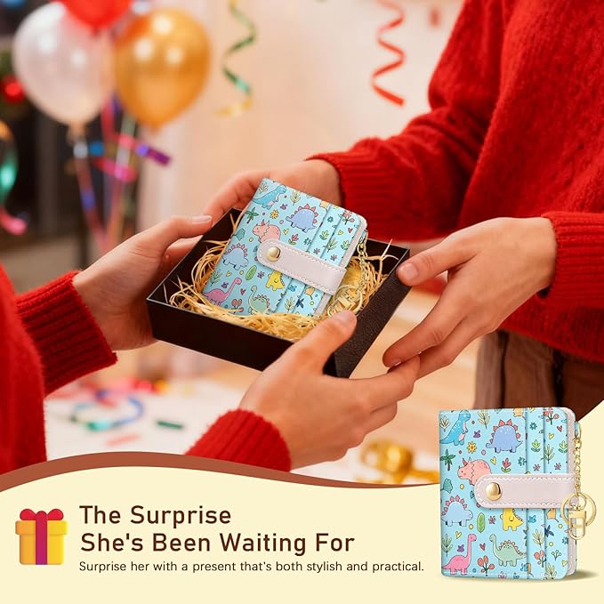 Jogjam Cute Dinosaur Rfid Girls Girly Teen Wallet, Small Slim Thin Compact Travel Credit Card Women Wallet, PU Leather Bifold Cash Zipper Coin Pocket ID Window for Female Ladies Gifts