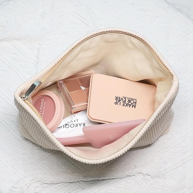 Wudygirl Travel Makeup Bag Large Capacity Cosmetic Bag for Women Corduroy Toiletry Pouch Handbags Zipper Purses Travel Essentials (Beige)
