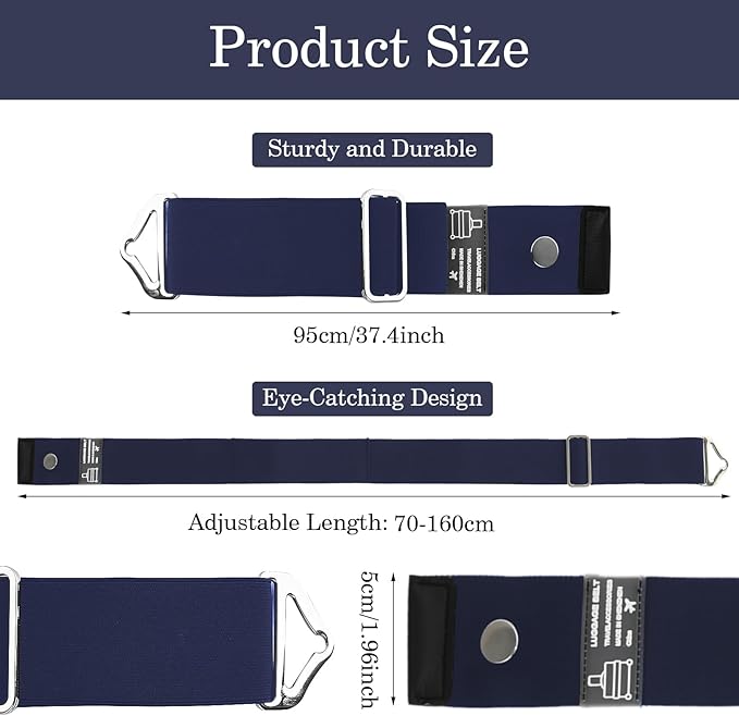 2-in-1 Travel Belt for Luggage Straps Over Handle for Add a Bag, Adjustable Travel Luggage Belt Strap with Alloy Buckle Elastic Belt for Carry On Bag, Suitcase Strap Travel Accessories(Navy Blue)