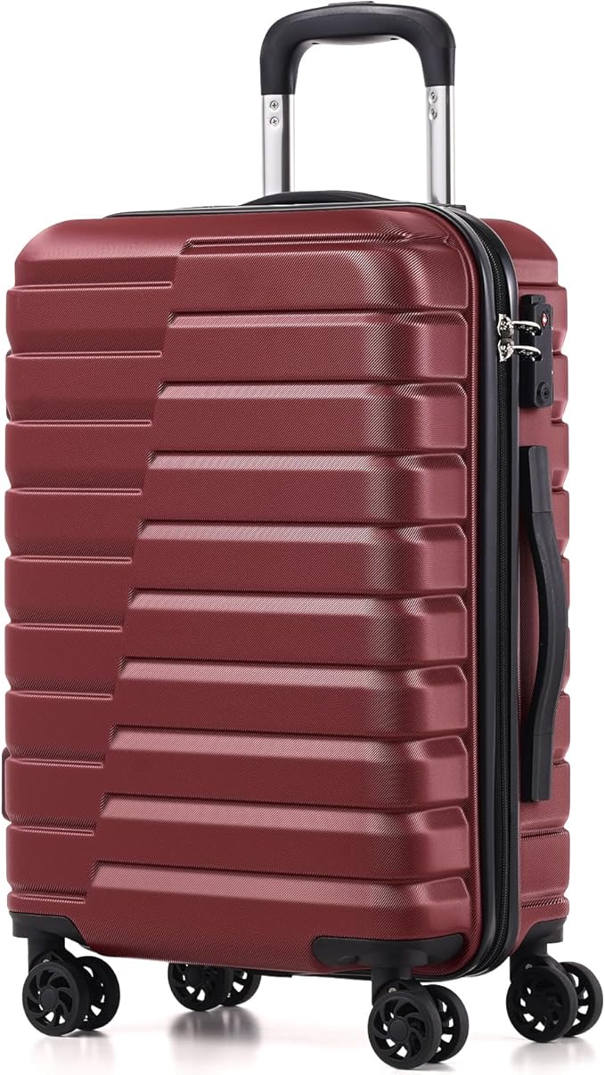 Coolife Carry On Luggage Airline Approved with Spinner Wheels, Hard Shell Suitcase TSA Lock Lightweight Travel Luggage 20-inch,Wine Red