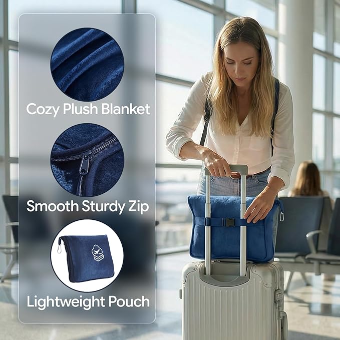 Travel Blanket, Soft 2-in-1 Airplane Blanket, 65x40 Inches, Travel Essentials Car Blanket with Luggage Sleeve & Backpack Clip (Navy Blue)