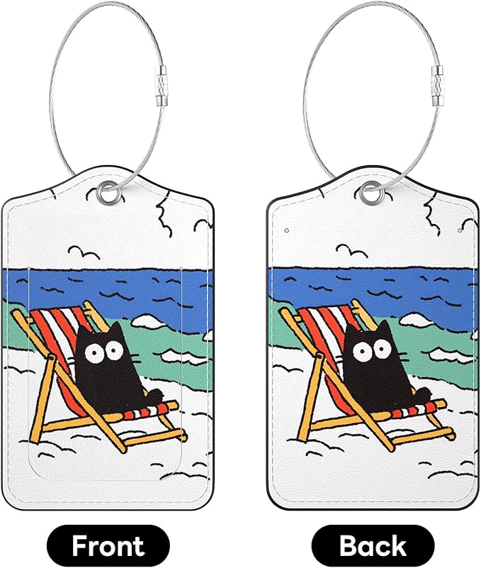 2 Pack PU Leather Luggage Tags for Suitcases, Privacy Protection Cover with Stainless Steel Loop and Address Card, Travel Cruise Essentials (Beach Cat)