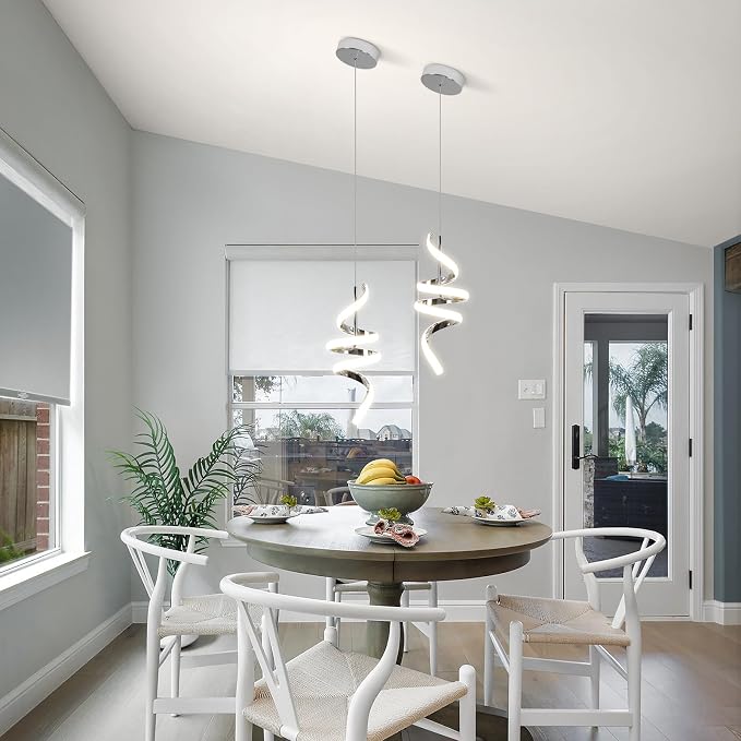 Modern Spiral LED Pendant Lights Kitchen Island, 22W Adjustable Height Hanging Light Fixture 5500K Chrome Chandelier for Dining Room Cafe Table, 3 Pack