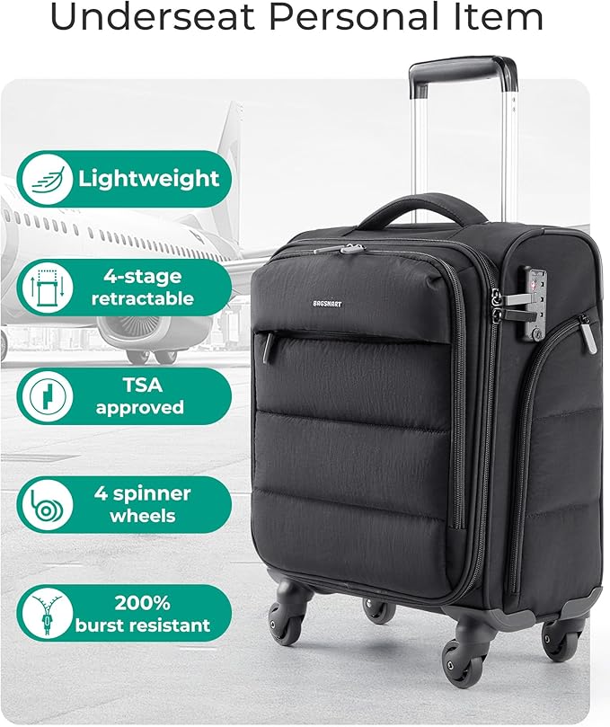 BAGSMART Underseat Carry on Luggage with Wheels, Soft Small Travel Luggage with PVC Wet/Dry Pockets, Lightweight Soft Personal Item Suitcase for Short Trip, Black
