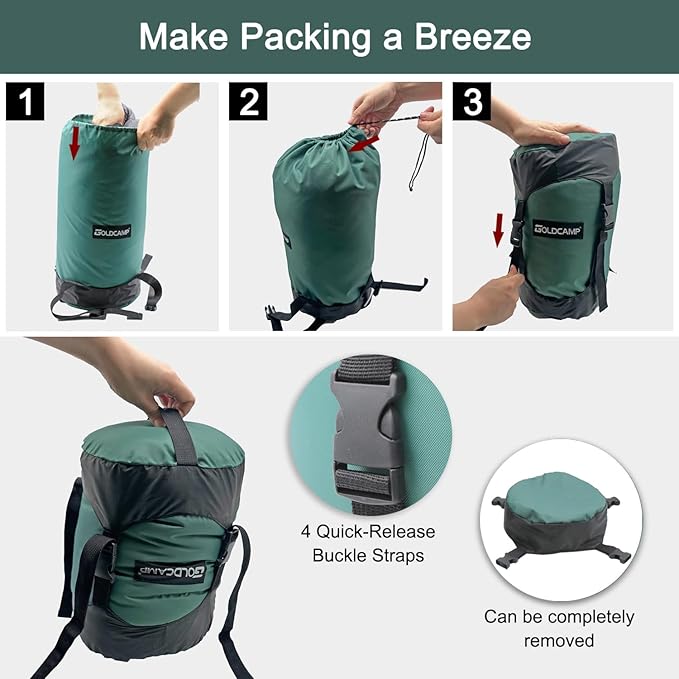 GoldCamp Compression Sack, 40% More Storage! 18L/30L/43L/49L/65L Compression Stuff Sack, Waterproof & Ultralight Sleeping Bag Stuff Sack - Space Saving Gear for Camping, Hiking (Green, XXXL) ASIN