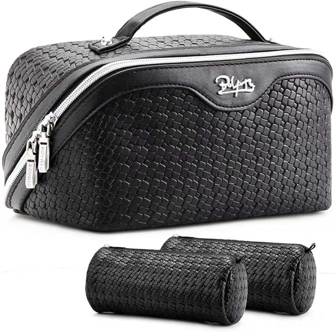 BOYATU Travel Makeup Bag Cosmetic Bags for Women: Large Capacity 3 Pcs Set Make up Bag with Compartments - Waterproof Vegan Leather Toiletry Organizer Bags with Handle (L15 Black)