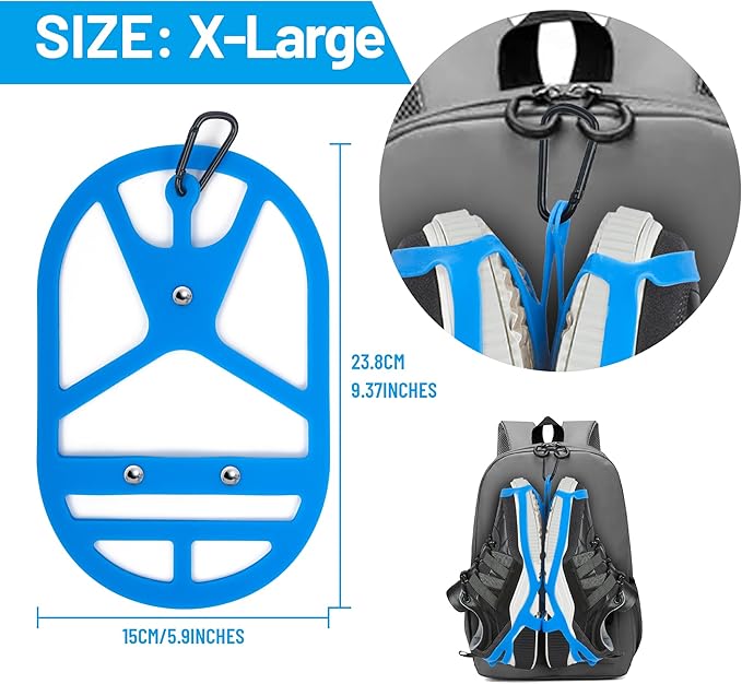 2 Pack Shoe Holster for Backpack with Clip Hanger, Shoe Holder for Sneakers, Cleats, for Travel, Outdoors, Sports (X-Large, Blue)