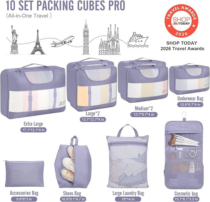 Veken 10 Set Packing Cubes for Travel Essential, Suitcase Organizer Bags in 4 Sizes, Carry-On Luggage Accessories with Large Laundry & Hanging Toiletry Bag, Must-Have for Airplane, Road Trip & Camping