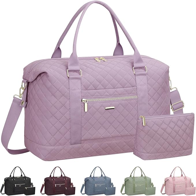 Quilted Travel Duffle Bag for Travel Women with Toiletry Bag, Large Weekender Bags for Women Carry on Duffel Overnight Bag, Waterproof Travel Tote Bags for Sports, Weekender, Business, Purple