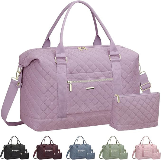 Quilted Travel Duffle Bag for Travel Women with Toiletry Bag, Large Weekender Bags for Women Carry on Duffel Overnight Bag, Waterproof Travel Tote Bags for Sports, Weekender, Business, Purple