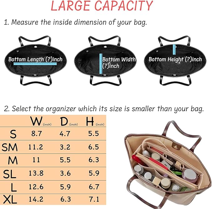 Purse Organizer Insert with Zipper Felt Bag Organizer Handbag Organizer Insert Bag in Bag Organizer with Key Chain for Tote Purse Bag Beige Small