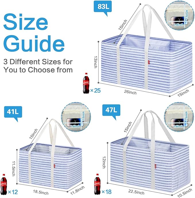 LHZK Standing Utility Tote Bag with Metal Wire Frame and the Sides Rinforced, Large Tote Bag with Handle, Reusable Grocery Bags Foldable, Beach Bag, Car Tote (Blue, 18.5''x11.8''x11.5'')