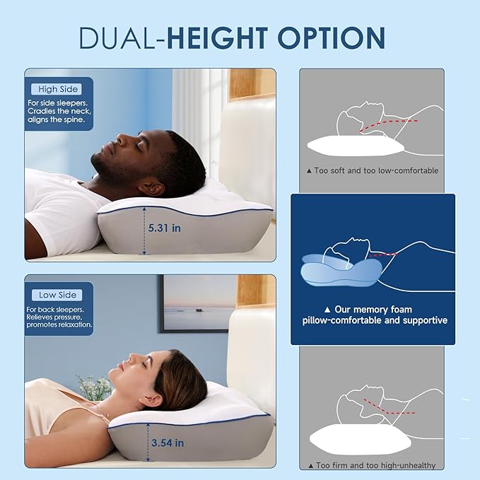 Cervical Neck Pillow for Pain Relief, Ergonomic Side Sleeper Pillow for Neck Support, Cooling Memory Foam Pillows Contour Orthopedic Bed Pillow for Back Stomach Sleepers (White)