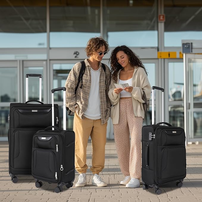 3-Piece Softside Expandable Luggage Set with Front Open Pocket, Lightweight and Durable Oxford Fabric Suitcase Set with TSA Lock (Black, 20in/24in/28in)