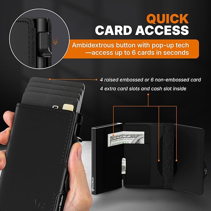 Conceal Plus Card Blocr Pop Up Wallet for Men - Slim Metal RFID Blocking Card Holder (4-6 Cards Ejector) - Minimalist Smart Front Pocket Wallet with Internal Cash + ID Storage