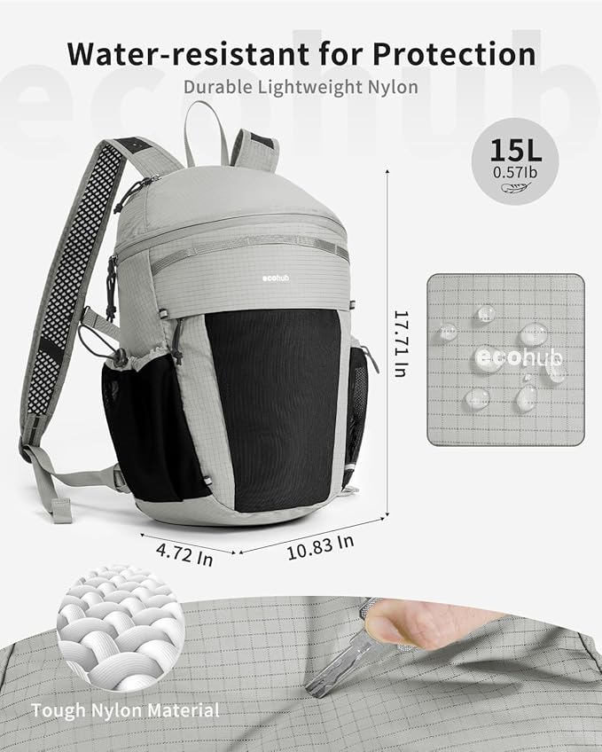 ECOHUB 15L Lightweight Casual Daypack, Packable Backpack for Daily Use, Hiking & Travel, Foldable Small Backpack with Stretch Mesh Pockets, Water-Resistant Nylon, Reflective Design