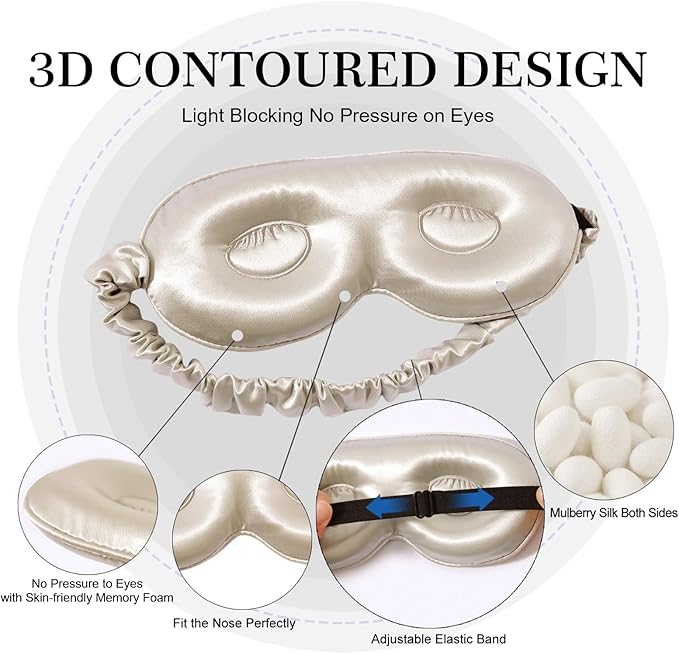 ZIMASILK Adjustable 22 Momme 100% Pure Mulberry Silk Sleep Mask, 3D Contoured Cup Eye Mask for Sleeping, Super Soft Breathable Blindfold, Perfect Blocks Light for Sleeping. (Beige)