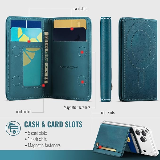 Vinich for MagSafe Wallet Magnetic RFID Blocking Card Holder Compatible with MagSafe Phones and Cases, Strong Magnet Minimalist Phone Wallet for iPhone 17/16/15/14/13/12/Pro/Max/Plus, Vintage Green