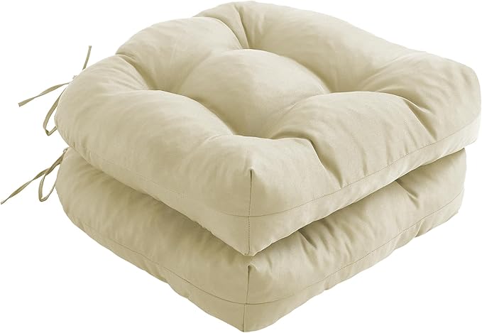 Outdoor Chair Cushions Set of 2, Patio Chair Cushions with Ties, 17x17+4” Tufted Outdoor Seat Cushions, Waterproof Patio Furniture Cushions, Outdoor Dining Chair Pads, Beige