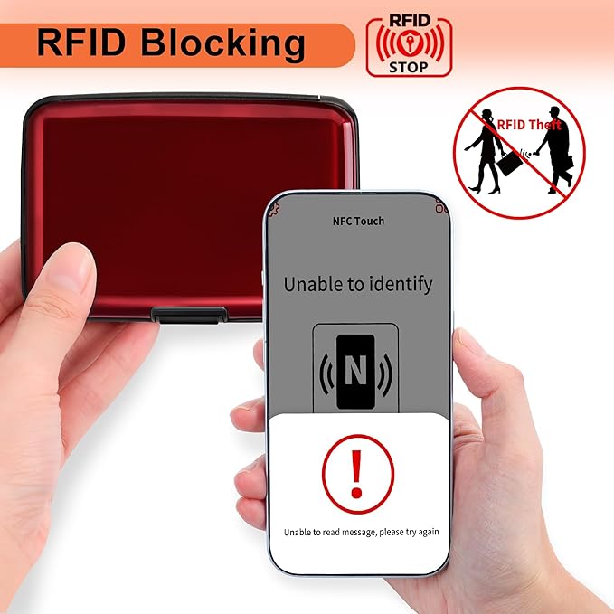 Mayski Credit Card Holder, RFID Blocking, Aluminum Alloy Hard Case, Small Mini Business Metal Wallet for Women Men, Red