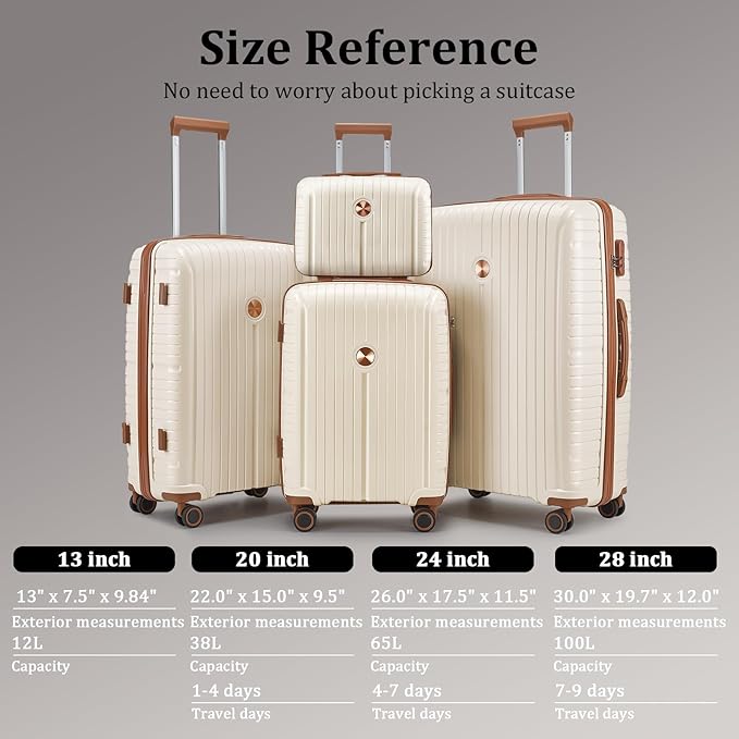 Joyway Luggage Sets 6 Piece PP Hardside Carry on Suitcase with Spinner Wheels and TSA Lock for Travel, Beige Brown