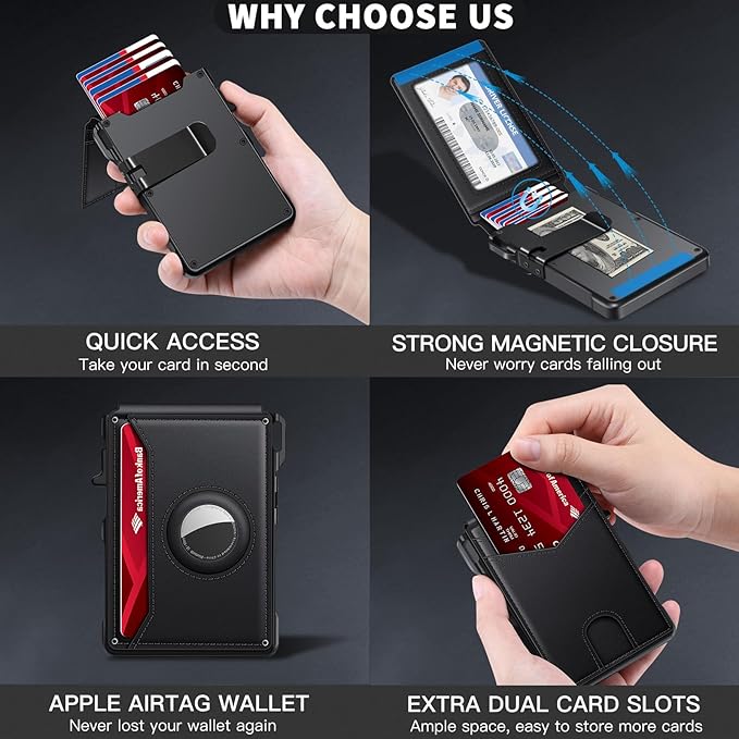 KIKVES Airtag Wallet for Men, Mens Smart Wallet for Air Tag RFID Blocking, Minimalist Bifold Pop Up Aluminum Credit Card Case Holder 12+ Cards with ID Window, Gift for Men, No Airtag Included, Black