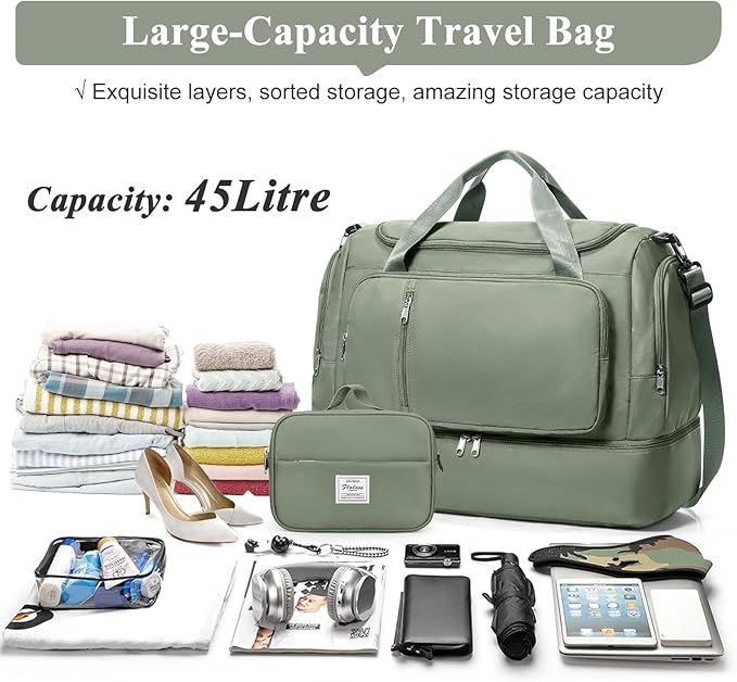 Travel Duffle Bag, Weekender Bags for Women,Overnight Weekend Carry On Personal Item Travel Bag with Shoes Compartment & Toiletry Bag,Olive Green