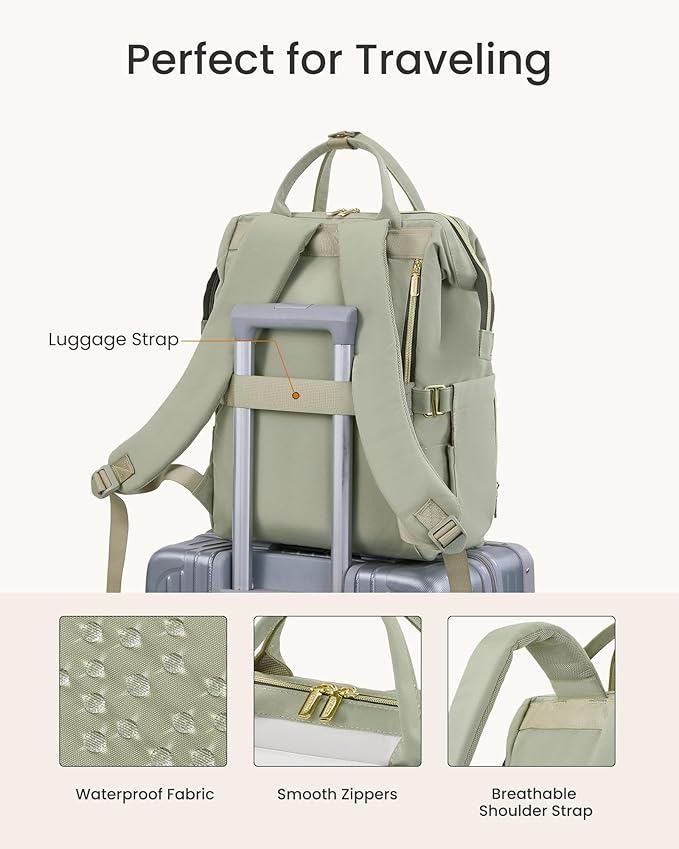 LOVEVOOK Laptop Backpack for Women with Giant Tumbler Holder Pocket, 15.6 inch Travel Work Backpack Purse for Nurse Teacher, Waterproof School Bag College Bookbag Cute Casual Daypack for Girls Green