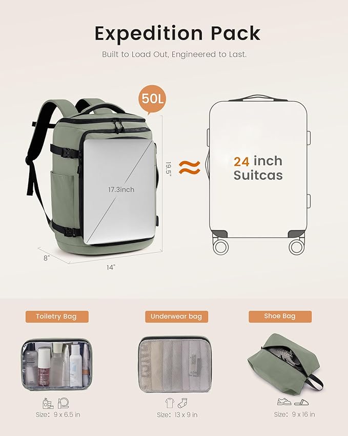 LOVEVOOK Travel Backpack for Women & Men, 50L Large Carry On or Checked Luggage, Waterproof Hiking Backpack with 3 Packing Cubes for 5+ Day Trips, Camping & Backpacking Essentials, Slate Green-Black