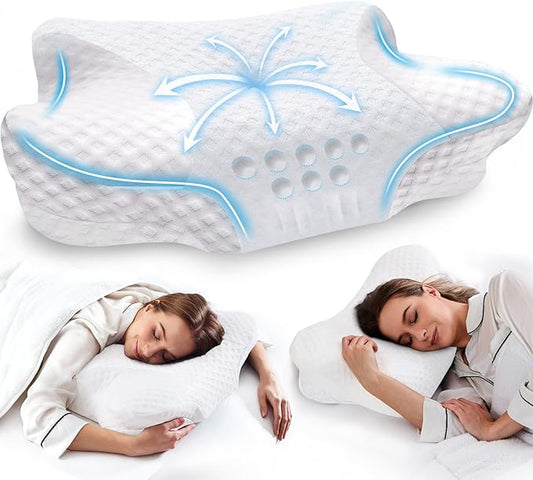 Cervical Neck Pillows with Memory Foam - Neck Pillows for Pain Relief Contour Memory Foam Pillows Ergonomic Neck Support - Adjustable Orthopedic Pillows with Breathable Pillowcase White