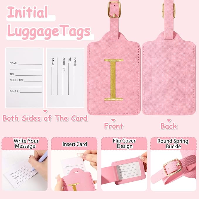 Initial Letter Luggage Tags for Suitcases, Embroidered Monogrammed Suitcase Luggage Identifier Name Tag, PU Leather TSA Approved Luggage Tags, Bag Tags for Men Women Kids Luggage Handbags(Pink I)
