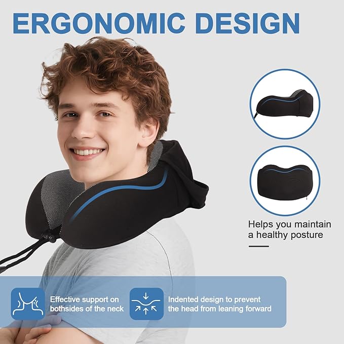Travel Neck Pillow with 100% Light-Blocking Hood – Ergonomic Memory Foam Support Pillow for Airplane, Long Flights, Road Trips, Office and Car, Full Head and Neck Support with Skin-Friendly Cover