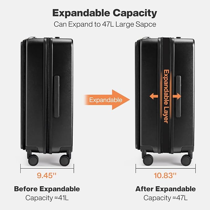 mixi 20 Inch Expandable Carry On Luggage PC Hard Shell Suitcase Top Opening Rolling Travel Suitcases with Spinner Wheels & TSA Lock, Black