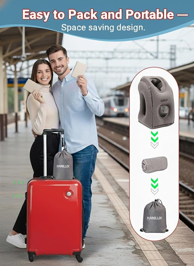 Inflatable Travel Pillows for Airplanes, Blow Up Travel Pillow for Train Office Car with Chin and Neck Support, Inflatable Travel Pillow for Sleep Support with Eye Mask,Storage Bag & Earplugs (Gray)