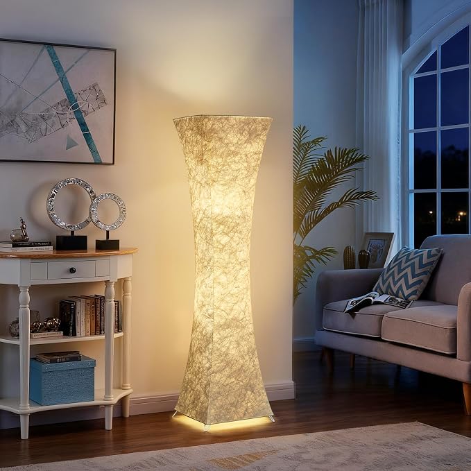 Floor Lamp for Living Room, 47“ Adjustable Color Temperature Standing Corner Floor Lamps, Modern Column Floor Light with White Fabric Shade for Bedroom, Home Office, Kids Room, 2 Bulbs Include