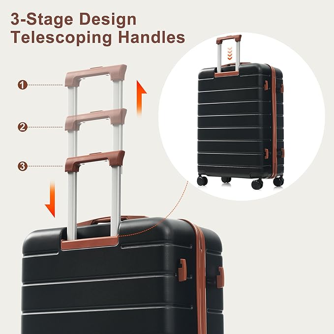 Merax Luggage Sets 3 Piece, Hardshell Lightweight Suitcase with Spinner Wheels, BLACK+ABS, 20/24/28 Inch