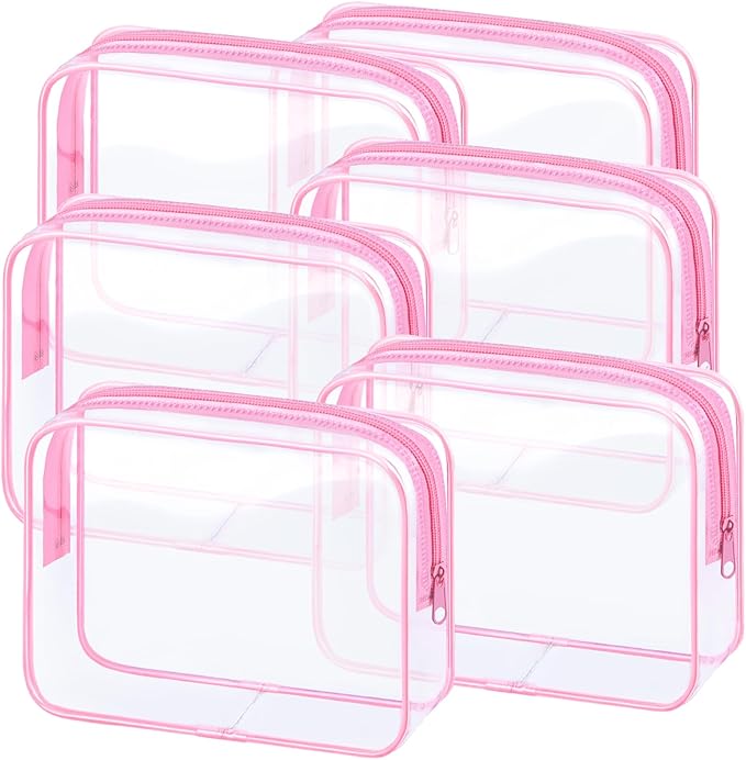 6 Pieces Clear Makeup Bags Bulk TSA Approved Toiletry Bag for Travel PVC Waterproof Clear Cosmetic Pouch with Zipper for Men and Women Carry-on Travel Essentials (Pink)