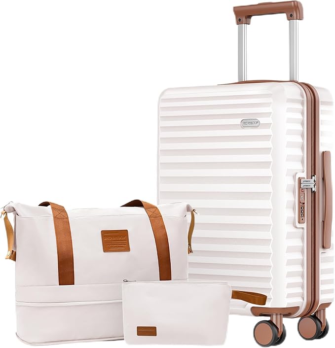 SHOWKOO Suitcase Hardside Expandable Luggage Set, Suitcase with Double Spinner Wheels TSA Lock 3 Piece Set Beige White (DB/TB/28in)