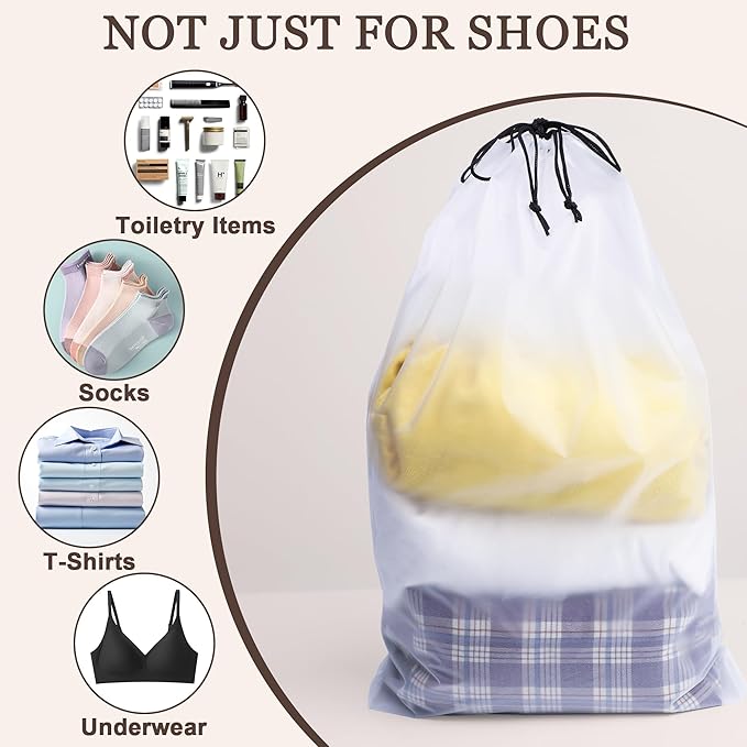 5 Pack Clear Shoe Bags for Travel, 15.7"×11.8" PEVA Drawstring, Water-Resistant, Fits up to Men’s 12–13, Reusable Storage for Shoes, Clothes & Toiletries, Keep Luggage Tidy & Odor-Free
