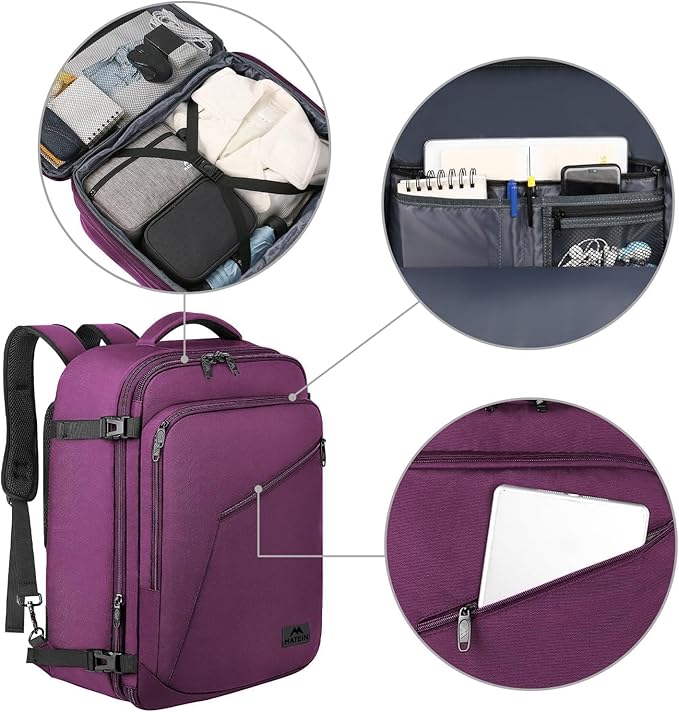 MATEIN Carry on Backpack for Women, 27L Flight Approved Backpack for Teacher Nurse, Fashion Expandable Airline Daypack for Plane, Lightweight Hiking Weekend Back Pack, Traveler Gifts, Purple