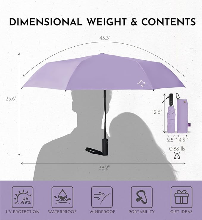 Windproof Travel Umbrella for Rain - 43" Compact Folding Umbrella, Reinforced Strong Frame, Lightweight Portable Parasol with UPF 100+ UV Sun Protection, Cruise Ship Essentials