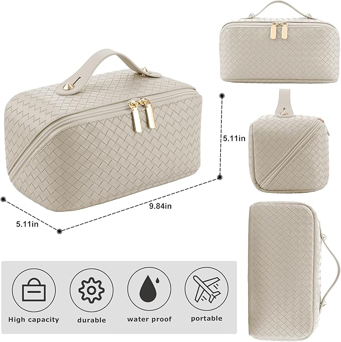 Large Capacity Travel Cosmetic Bag - Portable Makeup Bags for Women Waterproof PU Leather Checkered Makeup Organizer Bag with Dividers and Handle,Toiletry Bag for Cosmetics