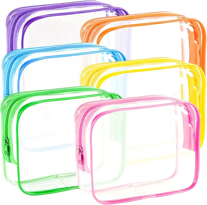 6 Pieces Clear Makeup Bags Bulk, TSA Approved Toiletry Bag PVC Clear Cosmetic Toiletries Pouch with Zipper, Waterproof Vinyl Plastic Organizer Case for for Women Carry-on Travel Essentials