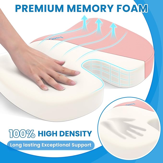 TushGuard Seat Cushion for Office Chair Memory Foam Non-Slip Cushion Back, Relief Chair Pad, Butt Pillow for Office Chair, Car, Computer Desk, Pink